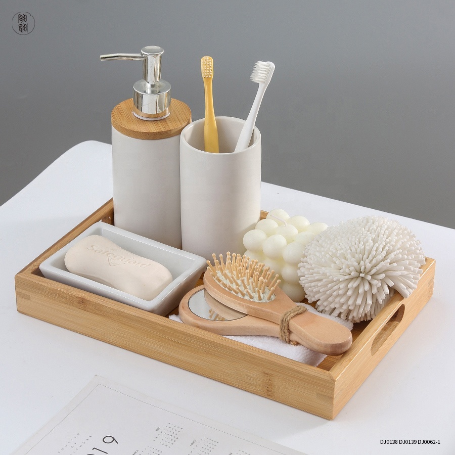 Bath accessories with bamboo tray